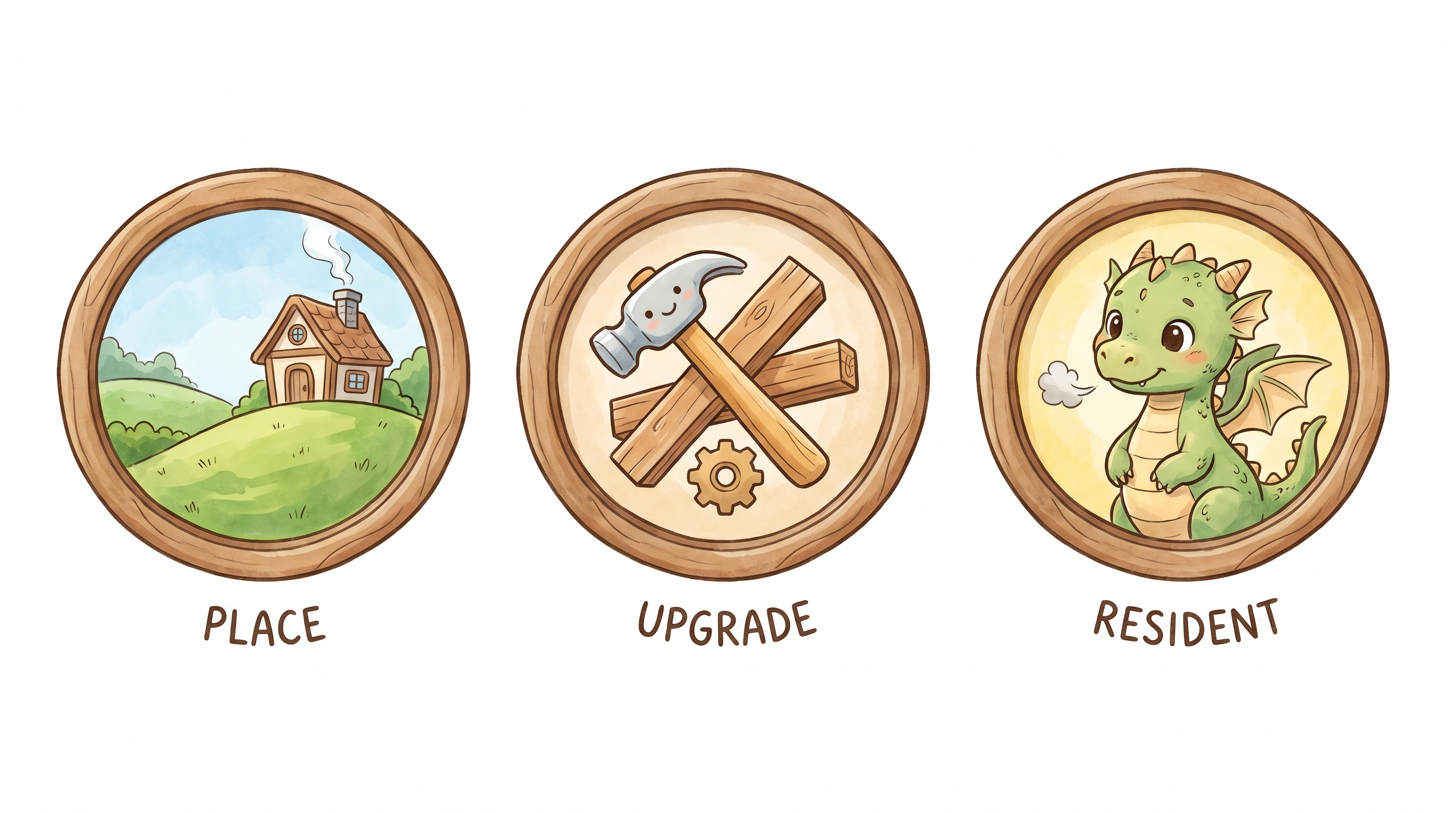 The three card types — Place, Upgrade, and Resident — as storybook emblems